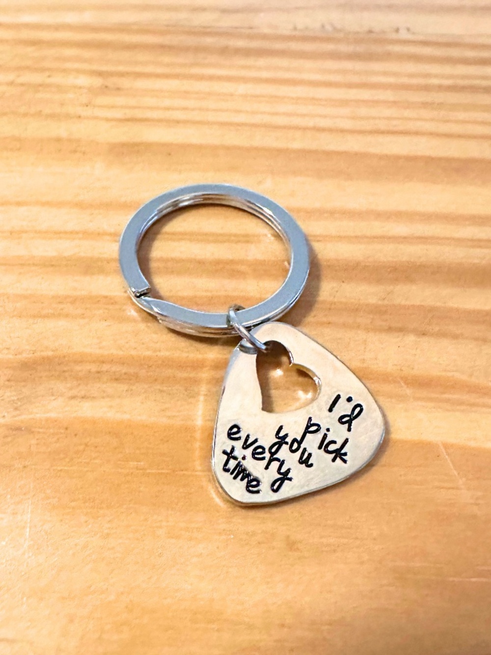 NEW - Guitar Pick Keychain Engraved 'I'd Pick Your Every Time' Saying Silver